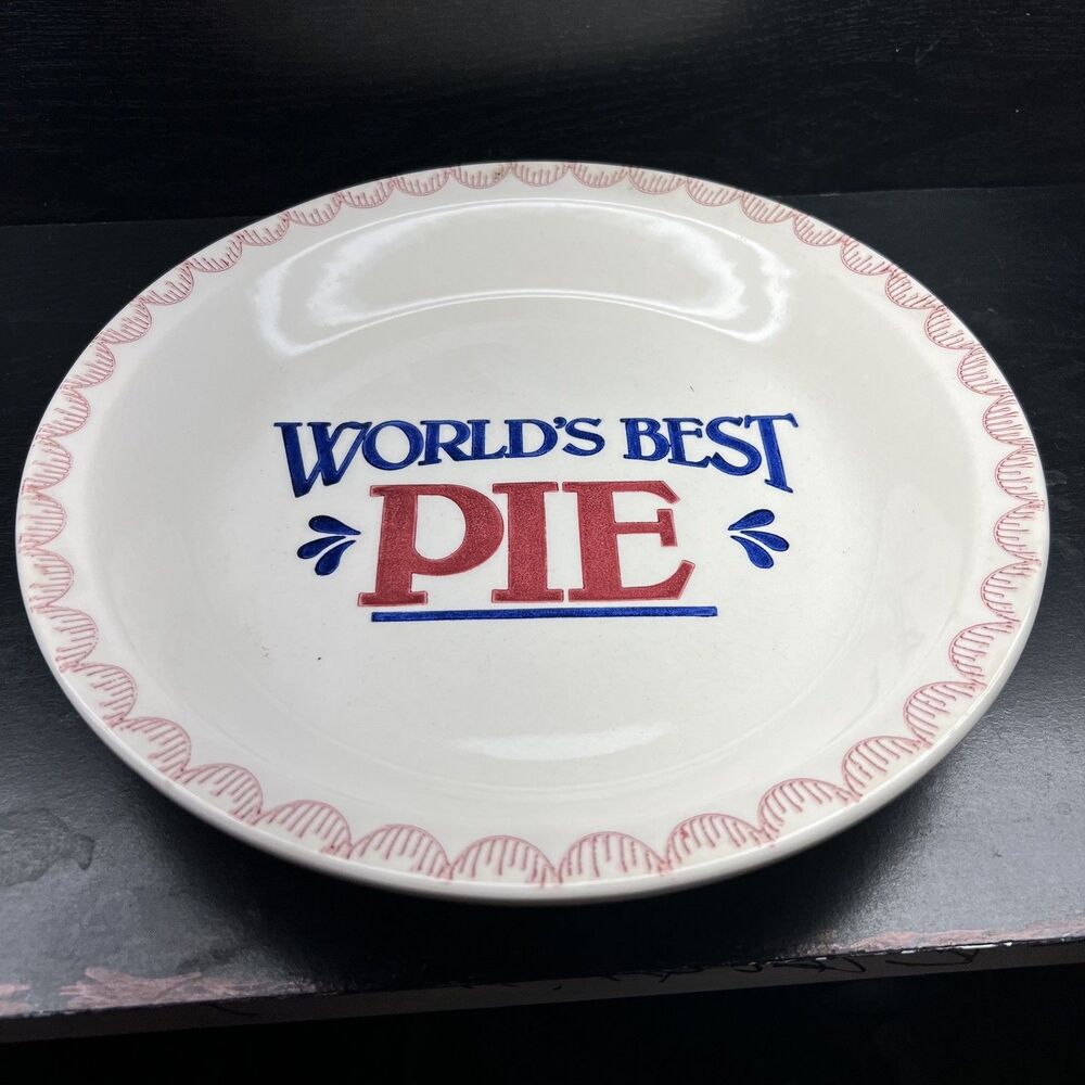 Mount Clemens Stoneware Pottery WORLDS BEST PIE Plate 10.5” Red White Blue Japan